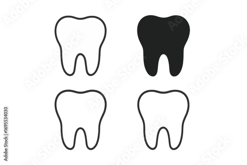 Set of four stylized tooth icons, dental care symbols with flat and linear vector design, transparent background, cartoon style molar illustrations for dental hygiene and health concepts