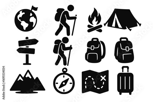 Travel and adventure icon set. Hiking, camping, and exploration silhouette symbols. Vector collection of outdoor glyphs like hiker, tent, campfire, map, compass, and backpack.