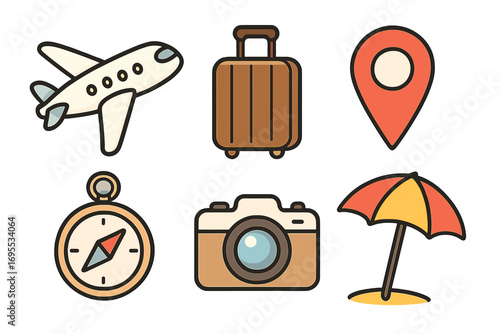 Travel icon set with airplane, luggage, location pin, compass, camera, beach umbrella, vector cartoon illustrations, transparent background, summer vacation symbols collection