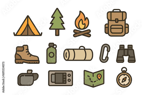 Minimalist outdoor adventure icons set camping hiking exploration essentials vector cartoon illustration with transparent background survival gear backpack tent map compass hiking boot
