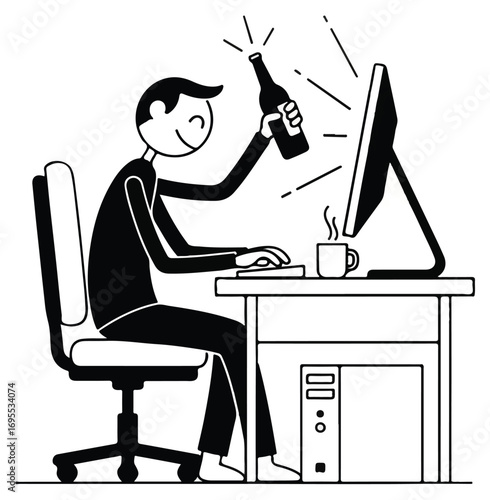 A happy stick figure person celebrates success at a computer desk, raising a bottle in triumph.
