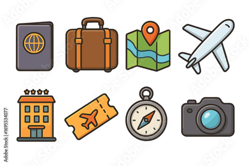 Travel icons set passport, suitcase, map, airplane, hotel, ticket, compass, camera, cartoon vector illustration, travel essentials, tourism symbols, vacation planning, travel gear, world exploration