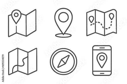 Vector travel icons set. Map, location pin, and navigation symbols. Thin line icon collection for GPS, direction, route, destination, compass, tourism, and journey concepts.