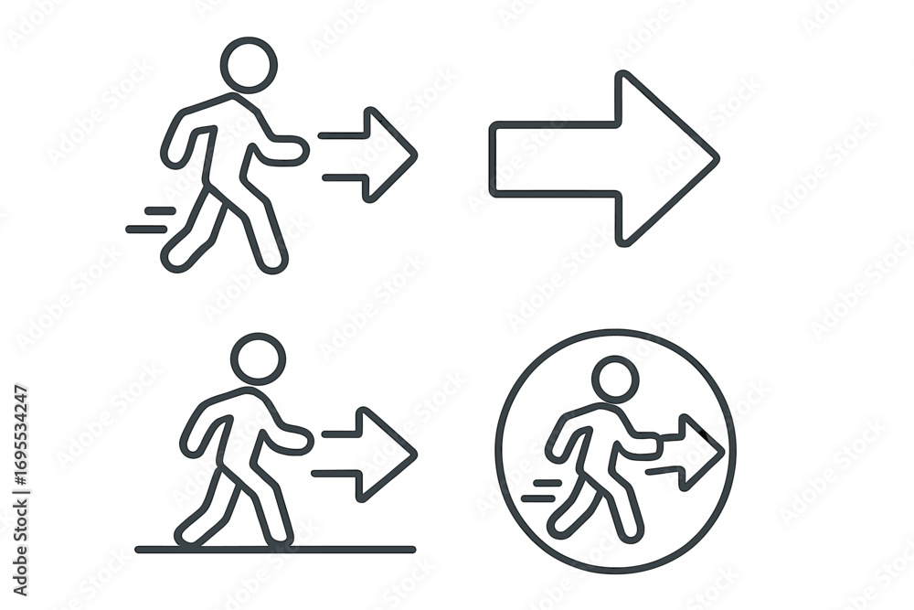 Obraz premium Veteran icon set, silhouette style, vector cartoon illustration with transparent background, includes walking figures and directional arrows, simple line art, military theme