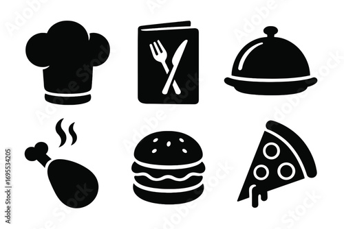 Restaurant icons set with chef hat, menu, food items, chicken leg, burger, and pizza slice in black silhouette style, vector cartoon illustration with transparent background, ordered set