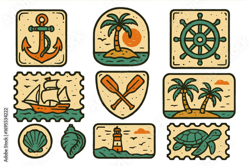 Vintage nautical stamp collection with tropical island motifs, sailing ships, anchors, paddles, shells, turtles, lighthouse, palm trees, ocean sea coast, retro cartoon vector illustration