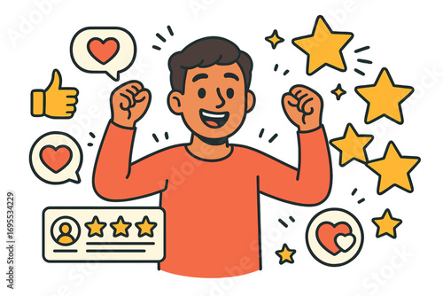 Concept of positive customer reviews and user satisfaction. Happy person celebrating a five-star rating. Excellent feedback, social media engagement with likes and hearts.