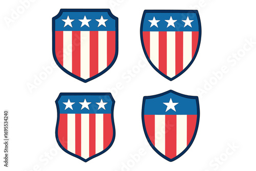 USA shield symbol set. American flag patriotic badge collection. National emblem with stars and stripes. Security, protection icon. Vector graphic element for design isolated.