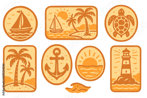 Unique collection of vintage nautical stamp designs featuring sailboats, palm trees, sea turtles, anchors, lighthouses, tropical island, sun and waves, coastal summer theme, retro vector illustrations