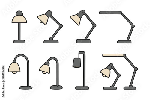 Variety of minimalist desk lamps in modern cartoon style, creative interior design inspiration, adjustable and flexible lamps, desk lighting collection, vector illustration
