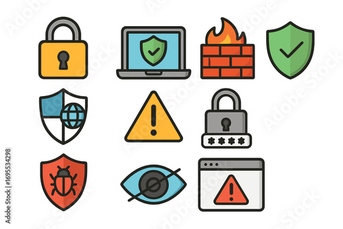 Simple web security icons set with locks, firewalls, shields, protection symbols, cybersecurity elements, antivirus, privacy, encrypted data, warning signs, vector cartoon illustration