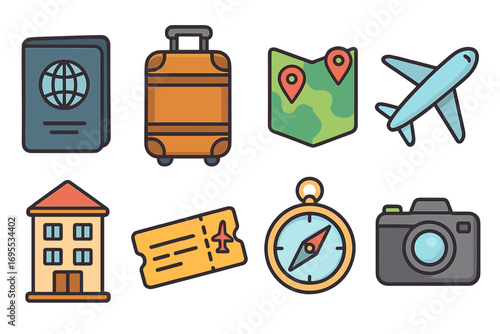 Travel icons set with passport, suitcase, map markers, airplane, hotel, boarding ticket, compass navigation, and camera illustration, colorful cartoon vector collection for vacation and tourism