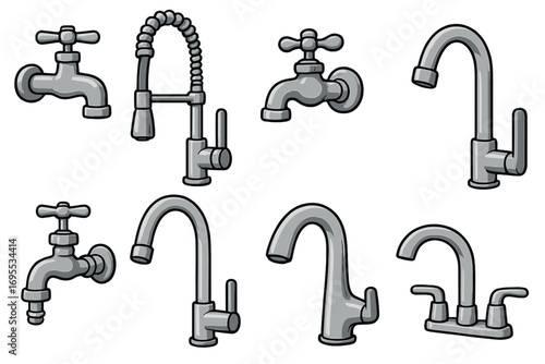 Variety of faucet designs showcasing different modern and classic kitchen and bathroom tap styles, plumbing fixtures, water faucets, home and commercial use, vector cartoon illustration