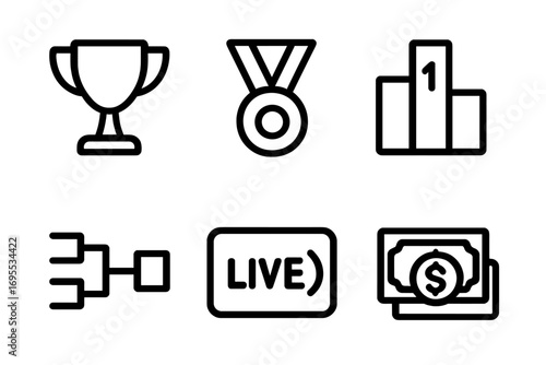 Minimalist achievement icons set with trophy, medal, leaderboard, tournament bracket, live streaming, and money symbols, simple vector cartoon illustration for success and competition
