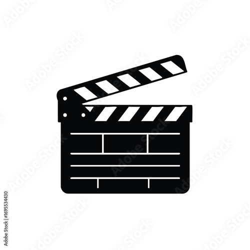 A black and white illustration of a film clapperboard, a tool used in filmmaking for synchronization.