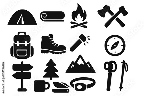 Outdoor adventure icons camping essentials and hiking symbols set in simple black silhouette vector, including tent, backpack, campfire, axes, compass, hiking boots, trekking poles, mountain, and more