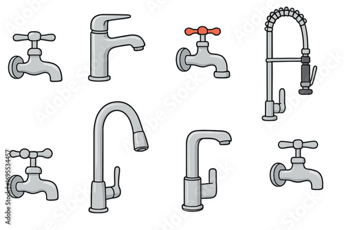 Variety of faucet designs showcasing modern and classic styles for home and commercial use, kitchen and bathroom taps, vector cartoon illustration with transparent background