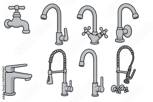 Variety of faucet designs showcasing modern and classic styles with multiple functionalities for home and commercial kitchens and bathrooms, vector cartoon illustration with transparent background