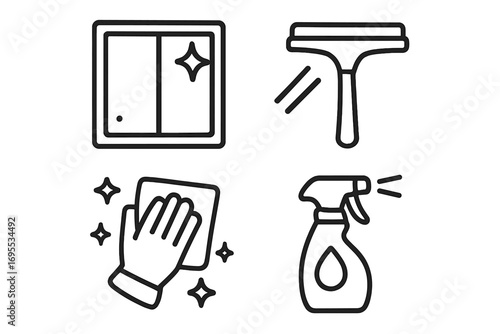 Window cleaning service icon set. Vector linear illustration of glass cleaner, squeegee, spray bottle, and wiping cloth. Housework, chores, hygiene and sanitation symbols.