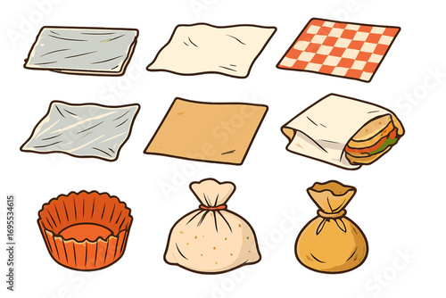 Various food coverings and wrappers set, including plastic wrap, paper napkins, checkered cloth, baking cups, sandwich wrap, tied fabric bags, and parchment sheets, vector cartoon illustration