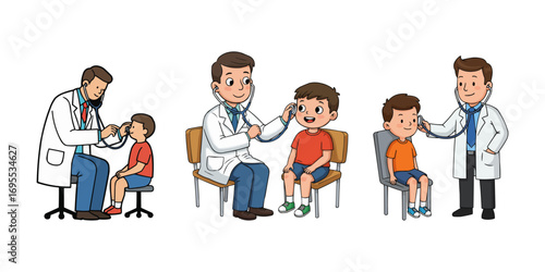Doctors examine children with stethoscopes cartoon