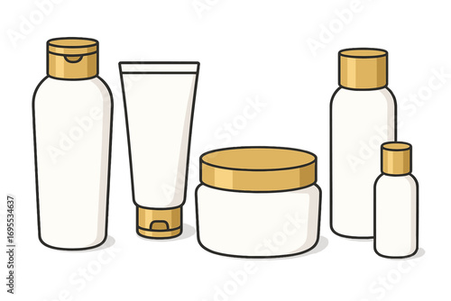 Set of cosmetic packaging mockup templates. White and gold bottle, jar, and tube containers for beauty products like cream, lotion, or shampoo. Vector cartoon illustration.