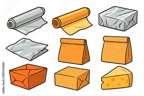 Various food coverings and wrappers set, cartoon vector illustration of foil, parchment paper, paper bags, boxed packaging, cheese wrap, packaging design elements, transparent background
