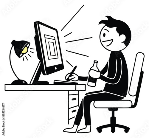 Cartoon of a man working at a computer with a lamp and a bottle.