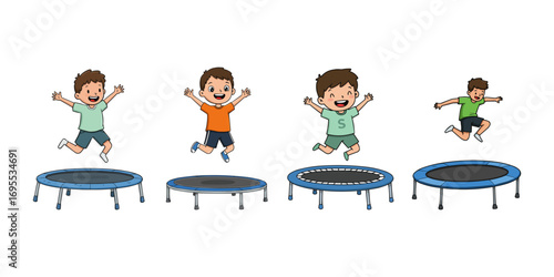 Cartoon kids joyfully jumping on blue trampolines
