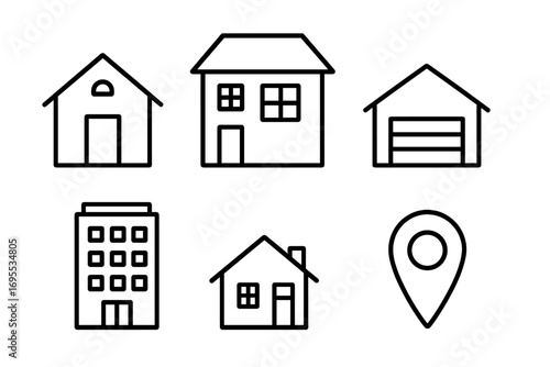 Simple line drawings of various home designs including house, garage, apartment, and location marker, minimalist black outline vector illustration, transparent background, ordered set