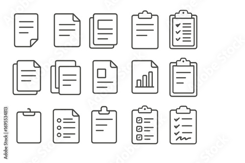 Document and clipboard line icon set. Business paperwork, checklist, report, and task management vector icons. Office administration and data analysis symbols for web and apps.