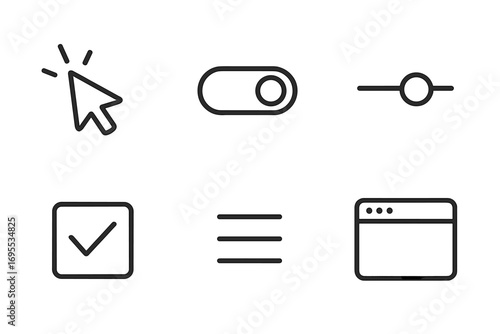 Minimalist line icon set of mouse cursor, toggle switch, slider control, checkbox, menu button, and browser window vector illustration, modern UI elements with transparent background, ordered set