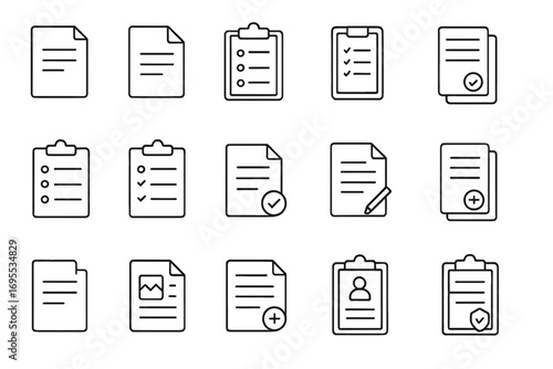 Document and clipboard line icon set. Vector symbols of report, checklist, and form. Business files, task list, contract agreement, survey, and user profile icons. Editable stroke.