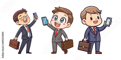 Cartoon business people cheerfully use smartphones