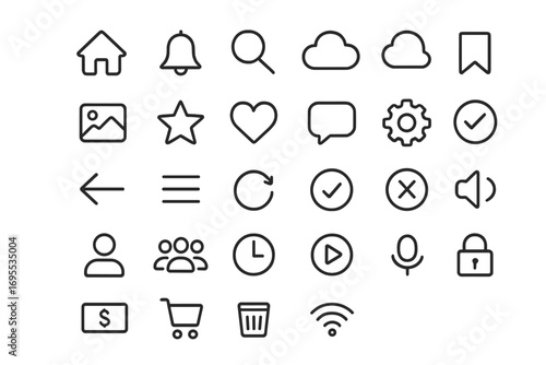 Big collection of universal line icons for web and mobile. UI UX pictogram kit for apps. Editable stroke symbols. Home, search, settings, profile, like, cart, wifi.