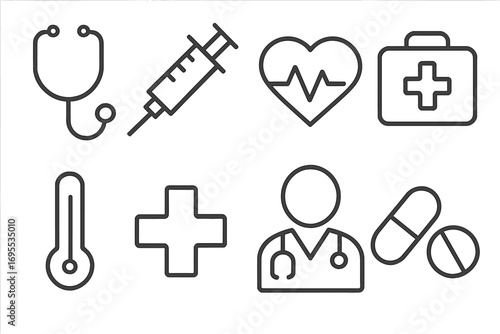 Minimalist medical icons set with stethoscope, syringe, heartbeat, thermometer, doctor, pills, and first aid kit, simple line art vector collection, transparent background