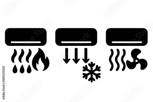 Air conditioner icons set for heating, cooling, fan modes. HVAC climate control symbols. Vector silhouette illustration of heat, cold, and air flow system for temperature.