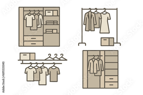 Minimalist wardrobe design concepts featuring clothing storage solutions, organized hanger arrangements, compact drawers, shelves, and neat apparel display, vector cartoon illustration