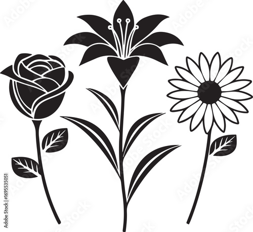 Floral Silhouettes Rose, Lily, and Daisy