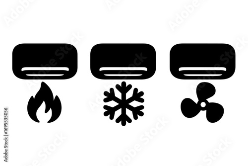 Air conditioner icons with heating, cooling, fan modes. Vector symbols set for climate control. Heat, cold, and ventilation pictograms. HVAC silhouette illustration collection.