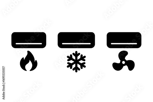 Air conditioner icons set with heating, cooling, and fan modes. Vector silhouette of climate control symbols. Hot flame, cold snowflake, and ventilation pictograms.