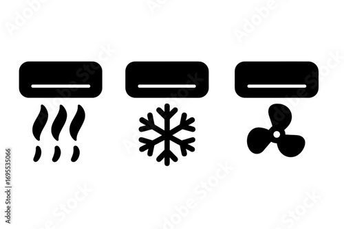 Air conditioner icons set. Heating, cooling, fan modes. Bold silhouette style vector illustration. Climate control symbols for web and app. HVAC pictogram collection.