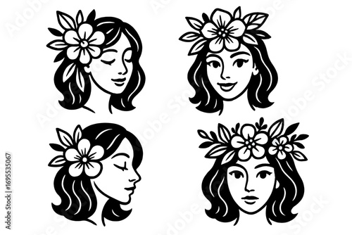 Stylized line art women faces with flowers and leaves, elegant floral hair decoration, vector cartoon illustration set with transparent background, beauty portrait collection