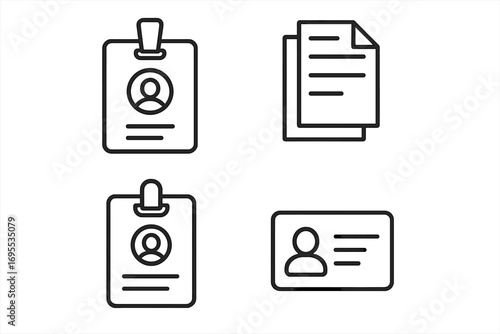 Employee badge and ID card line icon set. Office documents, identification pass, and staff credentials vector symbols. Minimalist pictograms with editable stroke for web.
