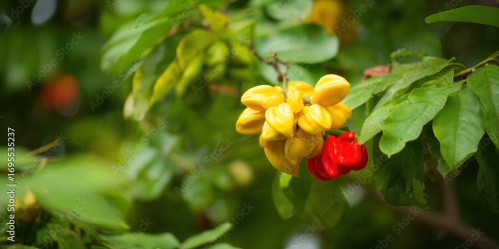 Obraz premium A cluster of ripe ackee fruits, showcasing vibrant yellow and red hues.
