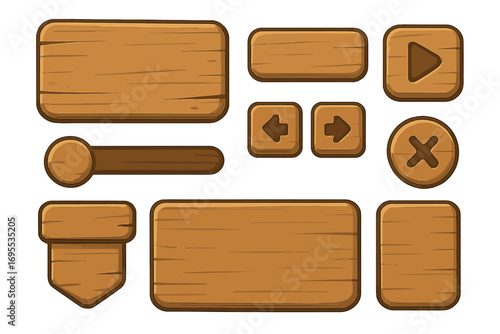 Wooden interface elements for user interaction in digital applications and games, cartoon style vector set with buttons, sliders, arrows, play and cancel icons, transparent background