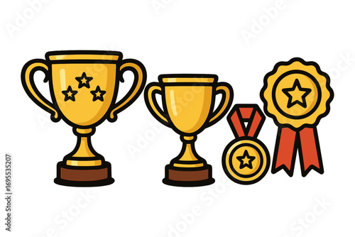 Symbols of achievement and success with golden trophies, medals, and award ribbons, cartoon vector illustration for competitions, victory, sports, and recognition concepts