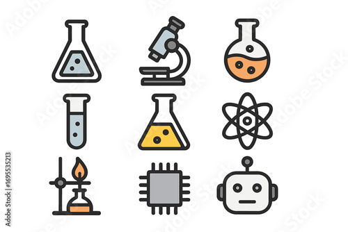Minimalist Science Icons Set Featuring Laboratory Equipment, Robotics Elements, Microscopy, Chemistry Tools, Atomic Symbols, Tech Chip, and Robot Head Cartoon Vector Illustration