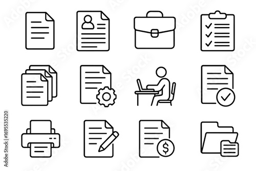 Job and office work line icon set. Vector collection of business symbols. Includes resume, cv, document, checklist, freelance, portfolio, contract, report, and management icons.