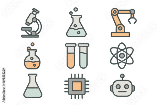 Minimalist science icons set featuring laboratory glassware, chemical beakers, test tubes, robotic arm, atom model, microchip and robot head, vector cartoon illustration